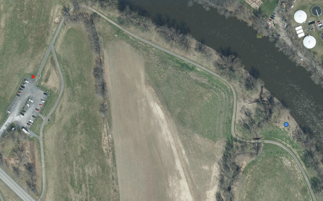 Aerial map of River-to-Ridge trail area with marked parking lot and Trees for Tribs site