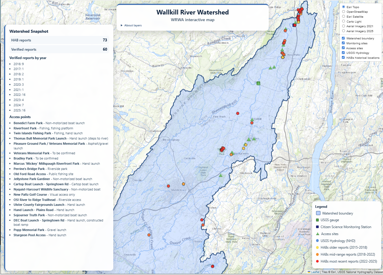 Geospatial map display illustrating water quality monitoring stations, hydrologic reaches, and cyanobacteria bloom distribution across the Lower Wallkill River and Sturgeon Pool impoundment.